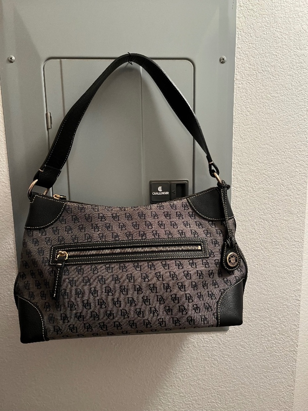 Dooney and Bourke monogram jacquard fabric with pebble leather shoulder bag